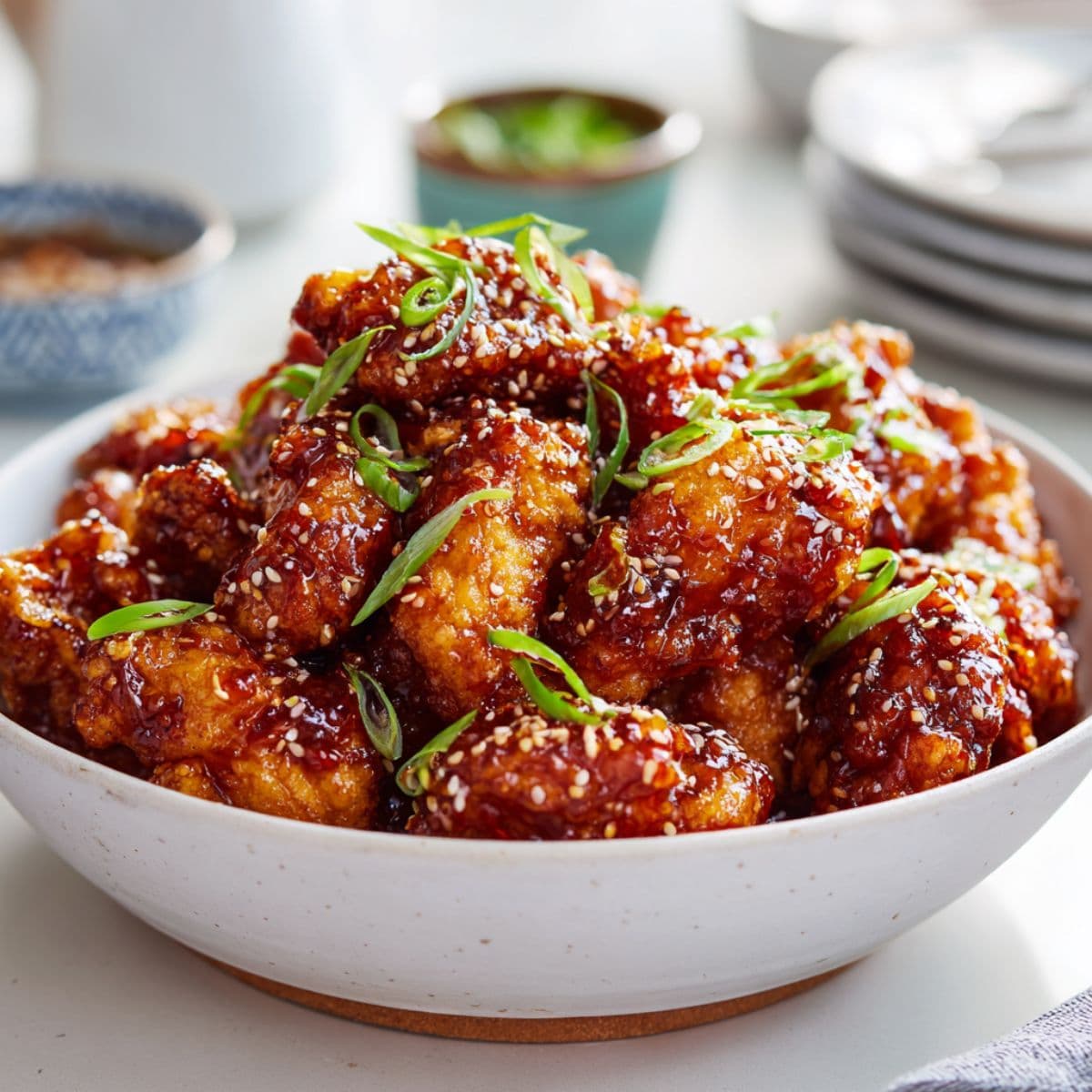 crispy fried chicken being coated in glossy soy-garlic or gochujang sauce, garnished with sesame seeds and sliced green onions