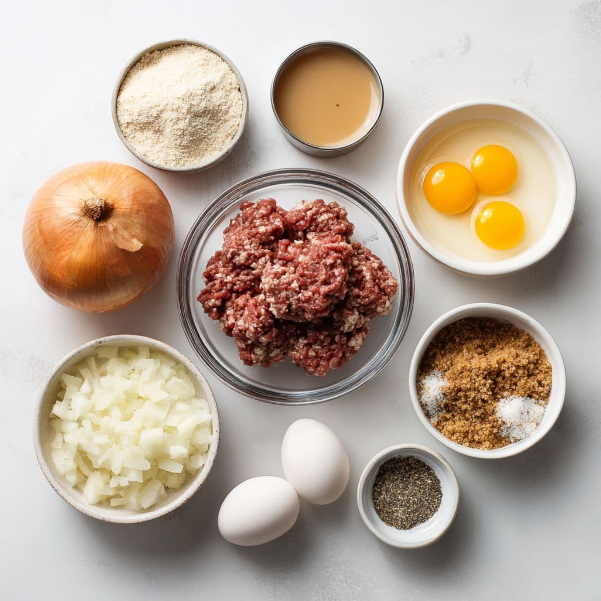 flat lay of ground beef, eggs, breadcrumbs, chopped onions, cream of mushroom soup, and beef broth on a white background