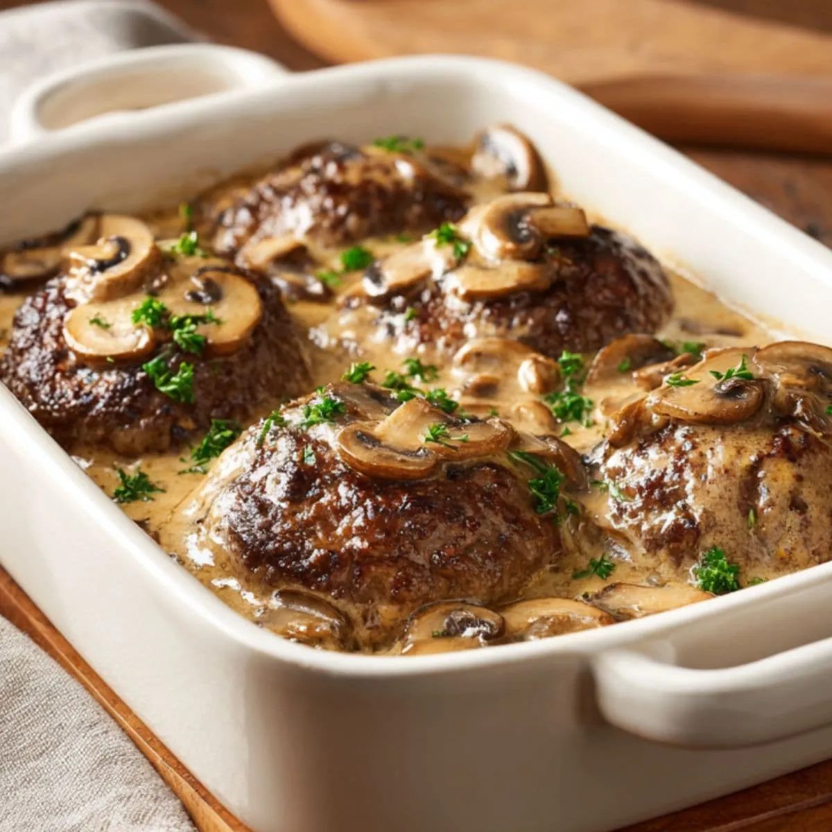 bubbling amish hamburger steak bake in the oven with golden edges and thickened mushroom gravy