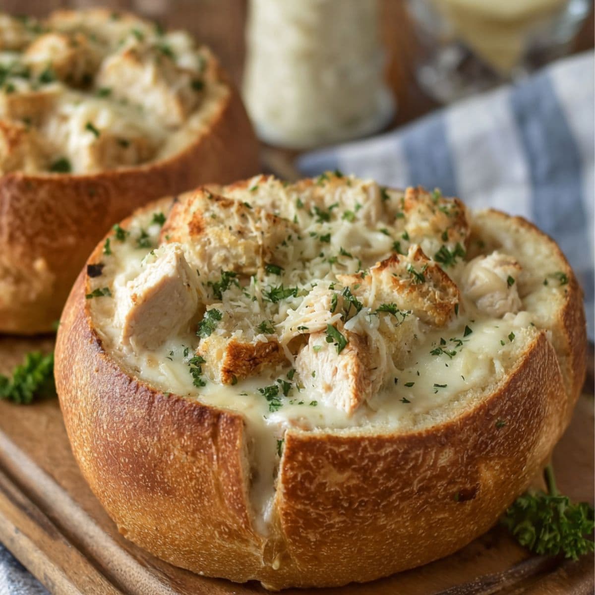 chicken alfredo garlic bread bowls