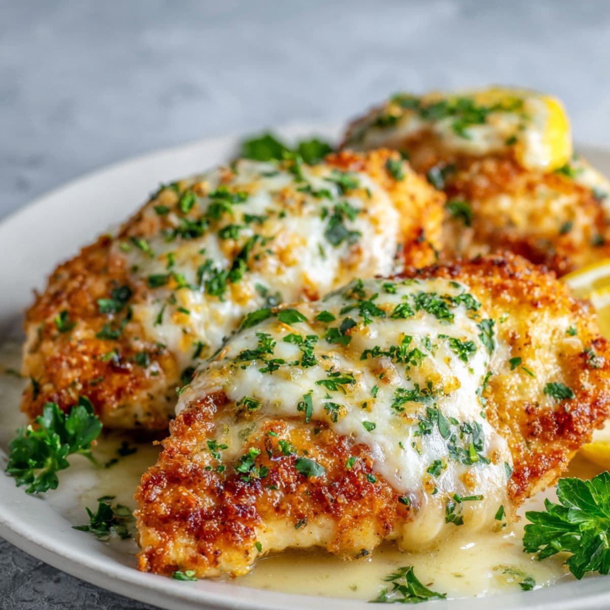 drizzling garlic butter sauce over longhorn steakhouse parmesan chicken