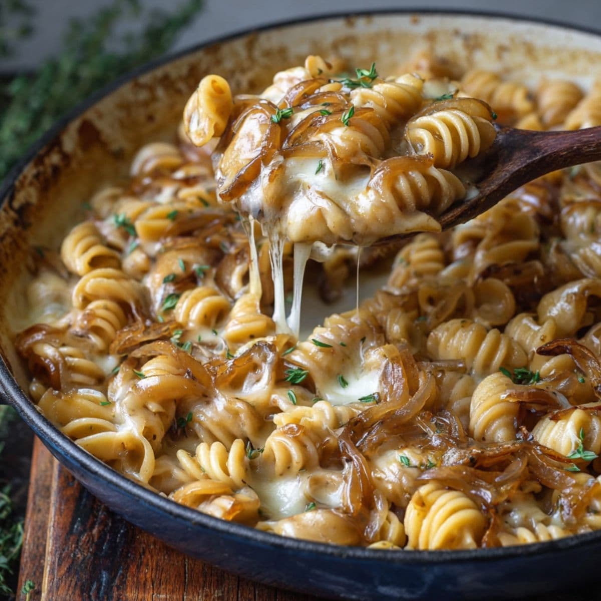 finishing french onion pasta with melted gruyere