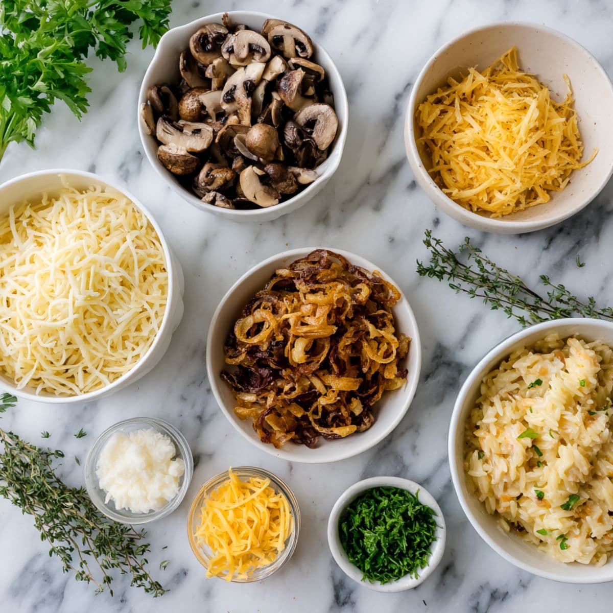 french onion chicken orzo casserole ingredients arranged overhead