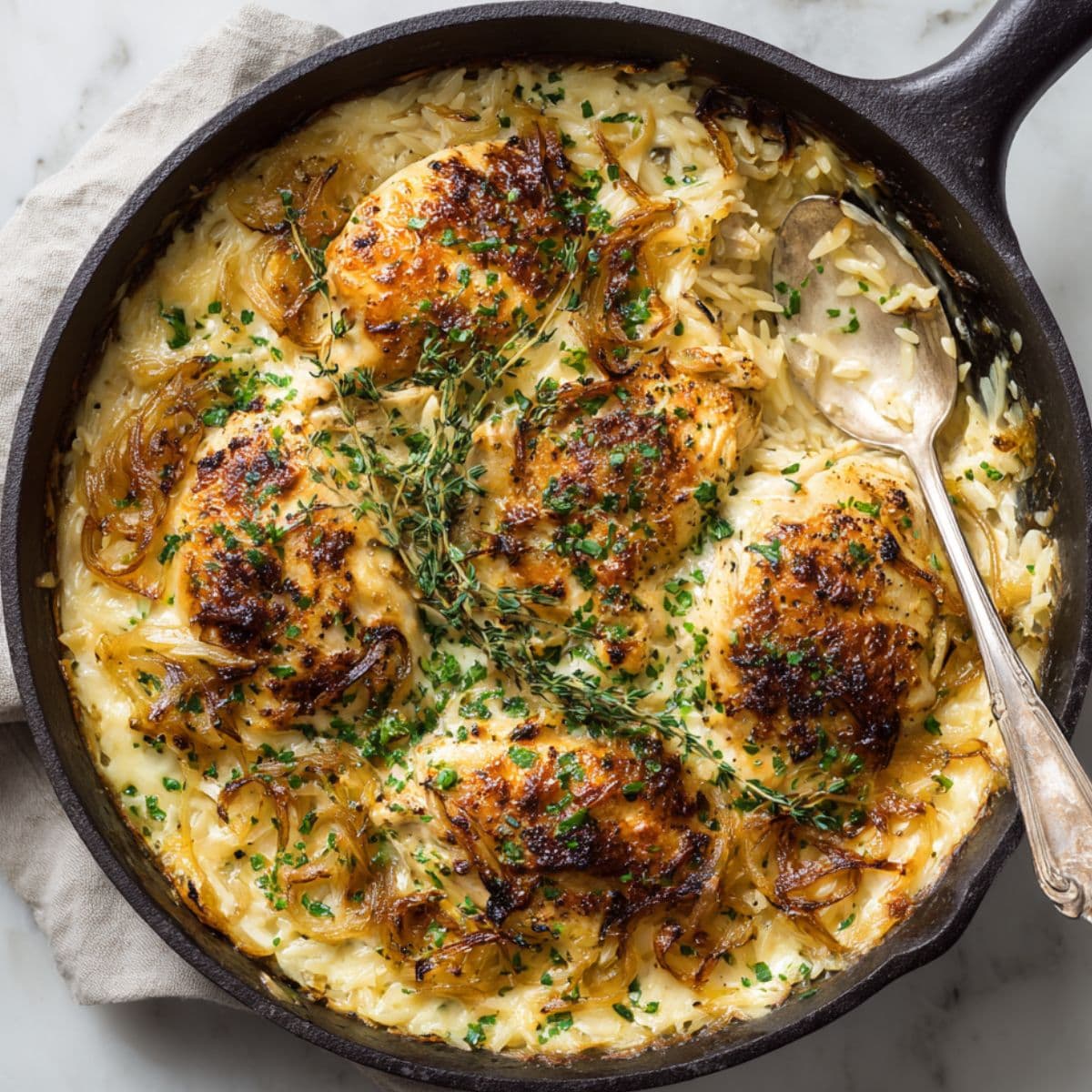 french onion chicken orzo casserole resting before serving