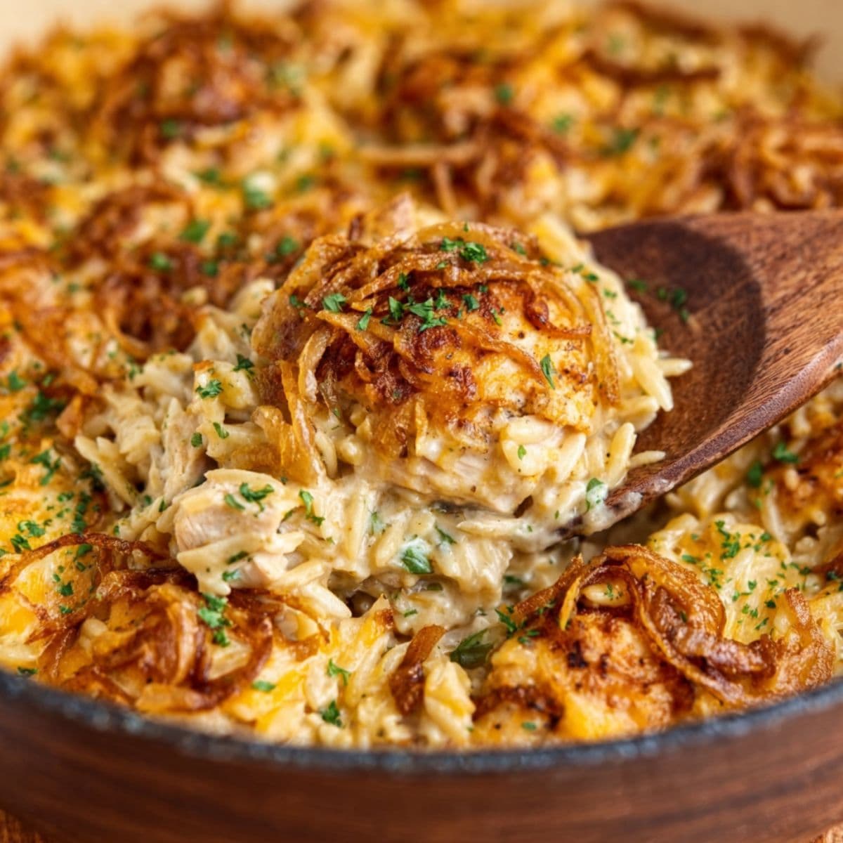 french onion chicken orzo casserole