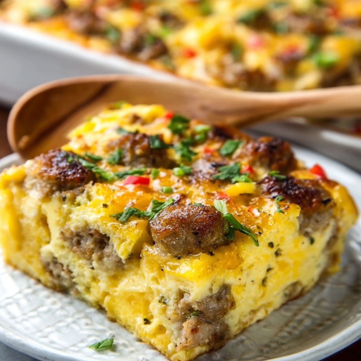resting sausage and egg casserole before slicing