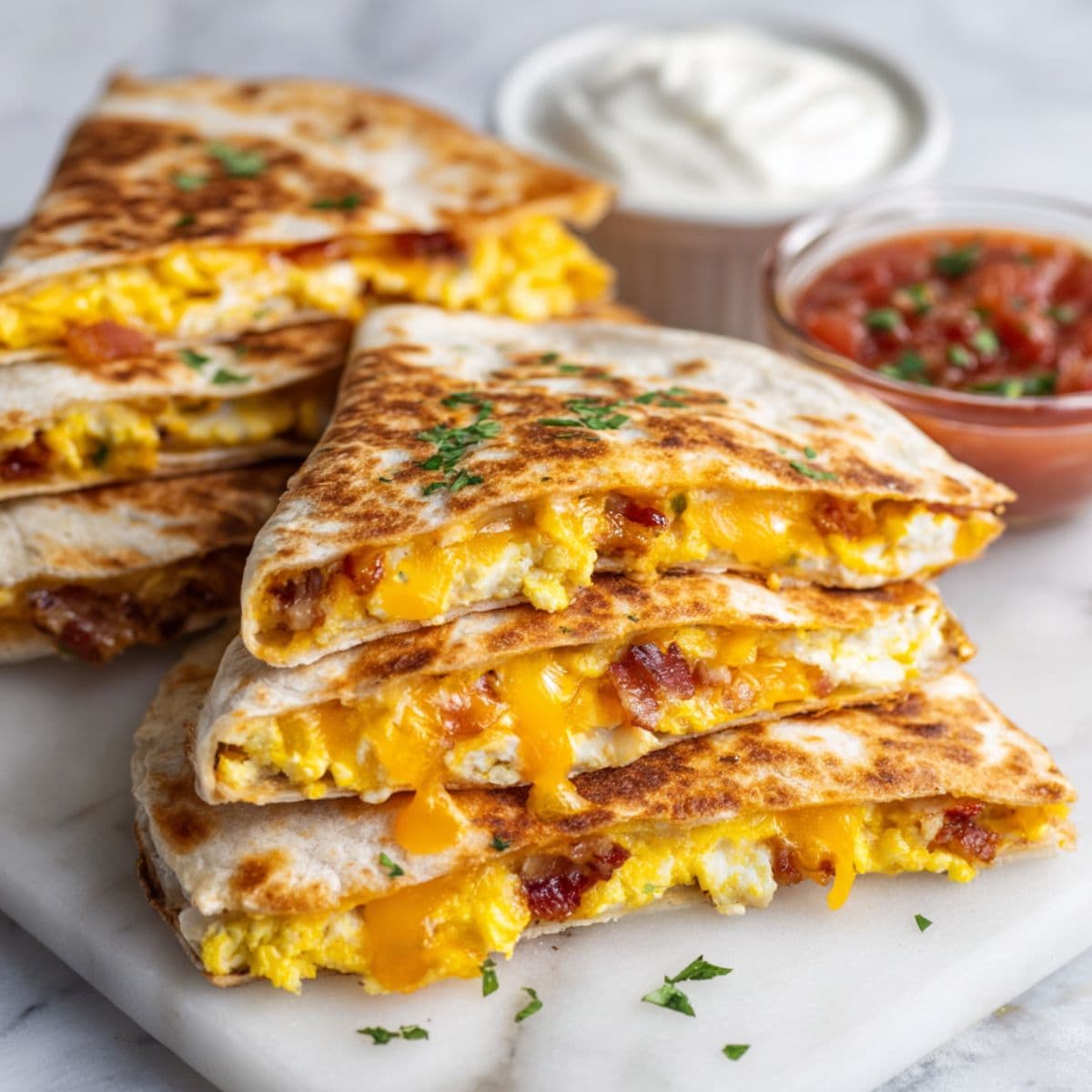 slicing bacon egg cheese breakfast quesadillas