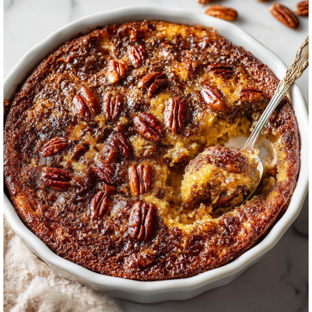 topping pecan pie dump cake with melted butter
