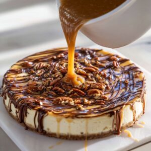 assembling turtle cheesecake with caramel and chocolate