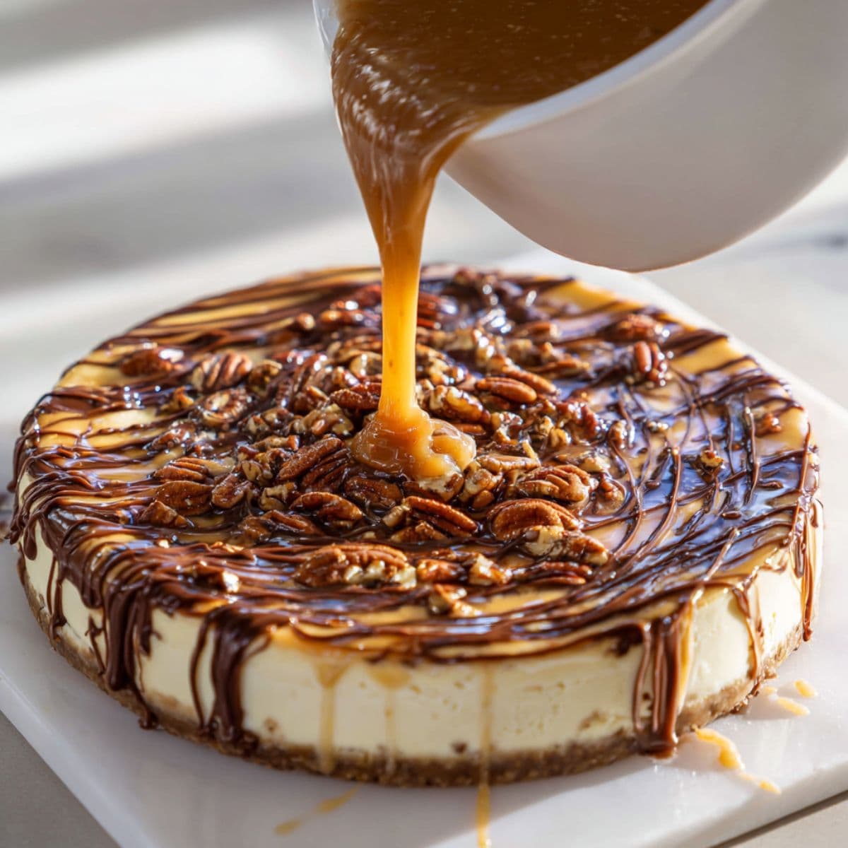 assembling turtle cheesecake with caramel and chocolate