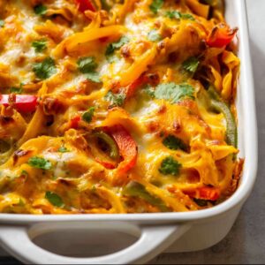 baking chicken fajita casserole with melted cheese