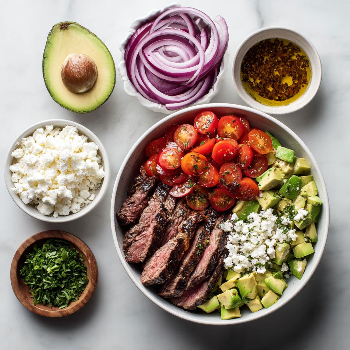 grilled steak bowl with creamy sauce and zucchini optional add-ins