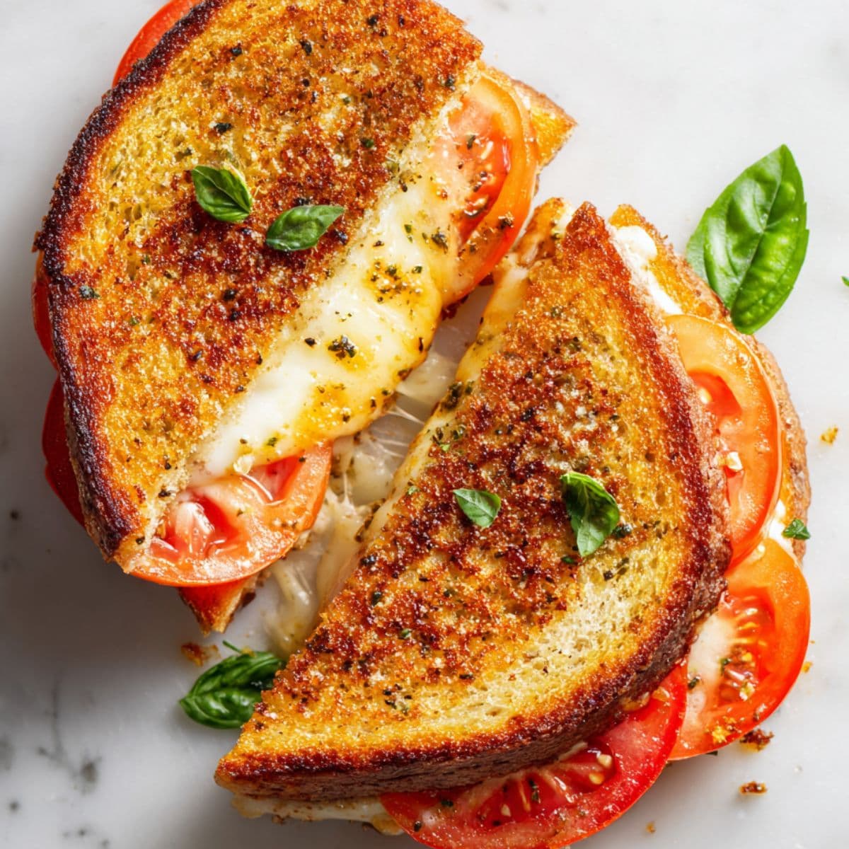 slicing tomato pesto grilled cheese diagonally