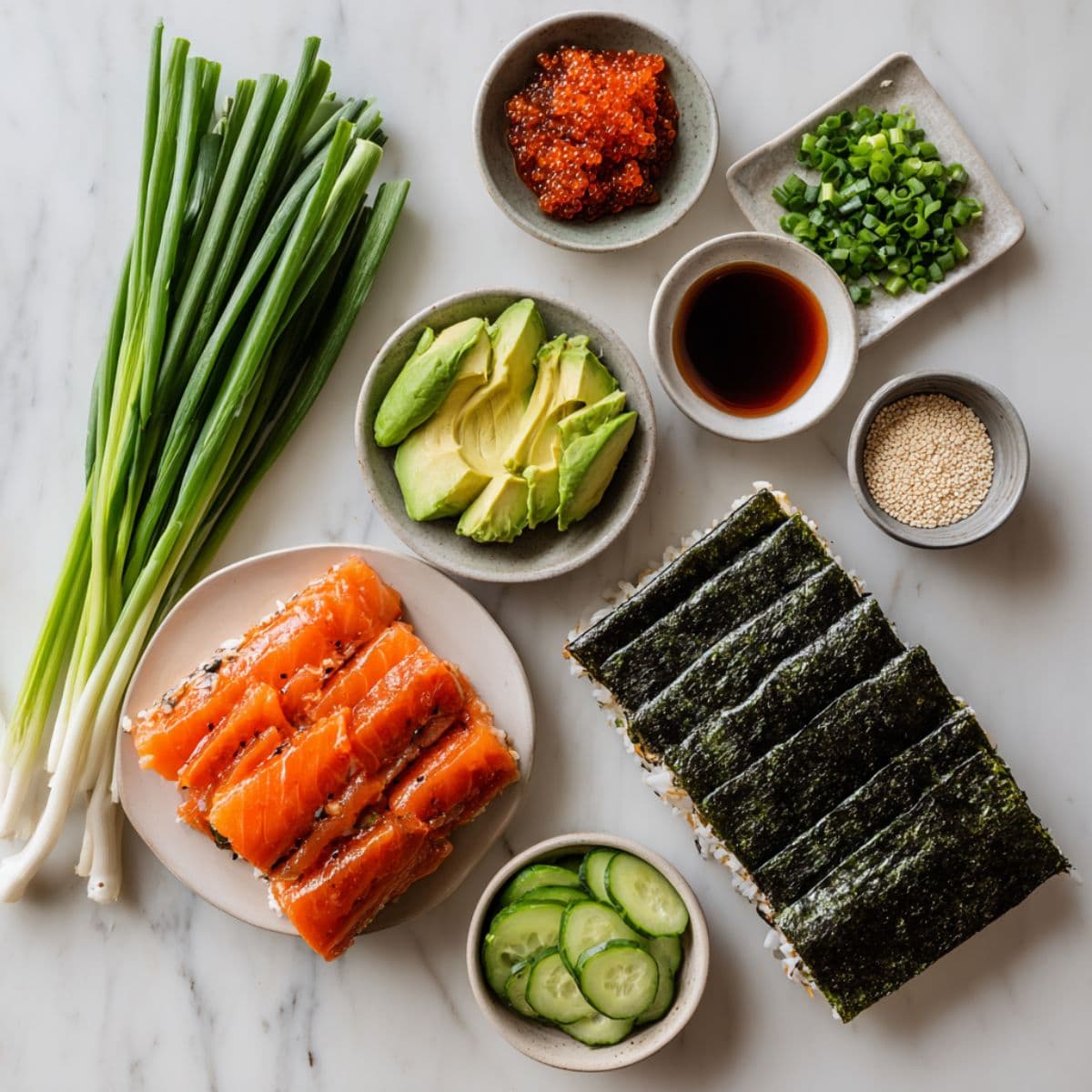 spicy salmon sushi bake toppings and serving ingredients