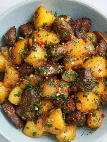 garlic butter steak bites and potatoes